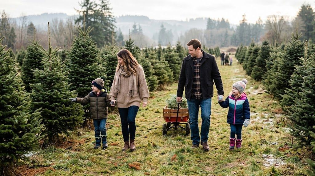 Family choosing a cut-your-own Christmas tree at a farm near Pittsburgh