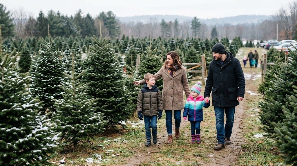 Family dressed for a Christmas tree farm visit