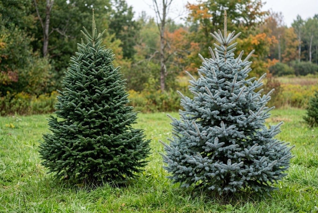 Canaan fir and Colorado blue spruce Christmas trees side by side