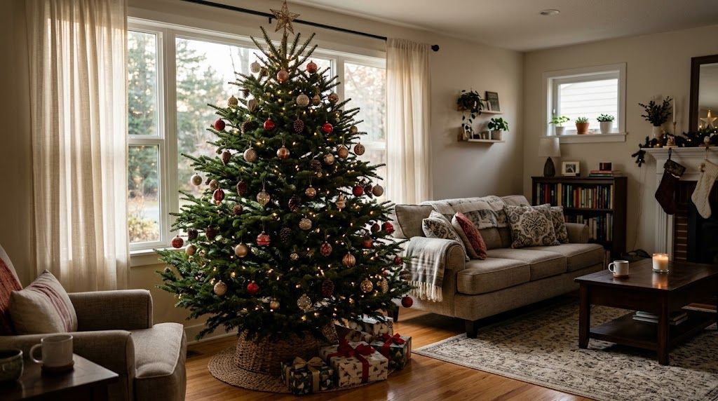 Fresh Christmas tree decorated in a living room