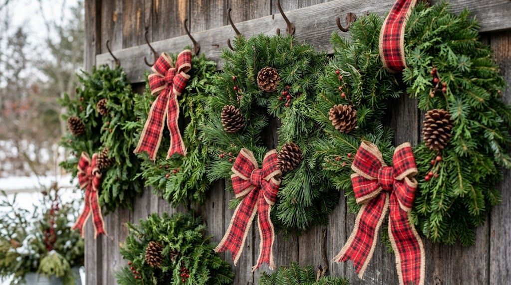 Handmade evergreen wreaths with bows and pine cones