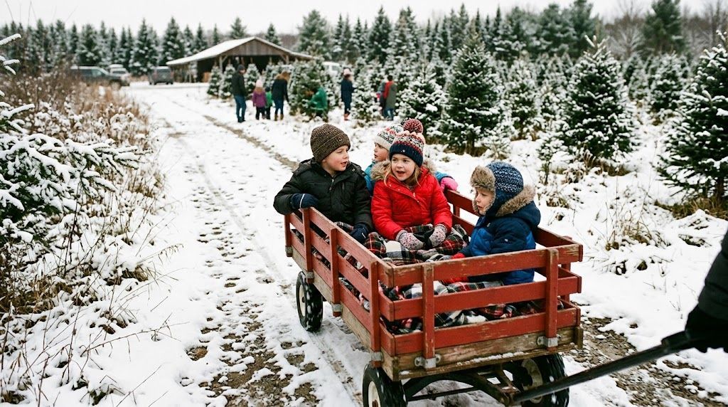 Kids on a wagon ride to the field