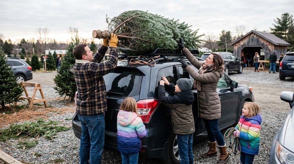 Family loading a Christmas tree to take home