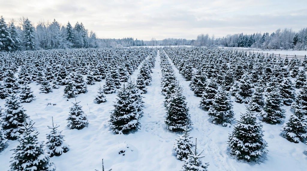 Snowy Christmas tree field in Western Pennsylvania