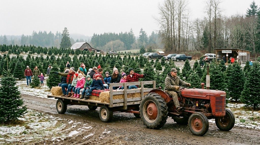 Wagon ride to the cut-your-own out to a tree field
