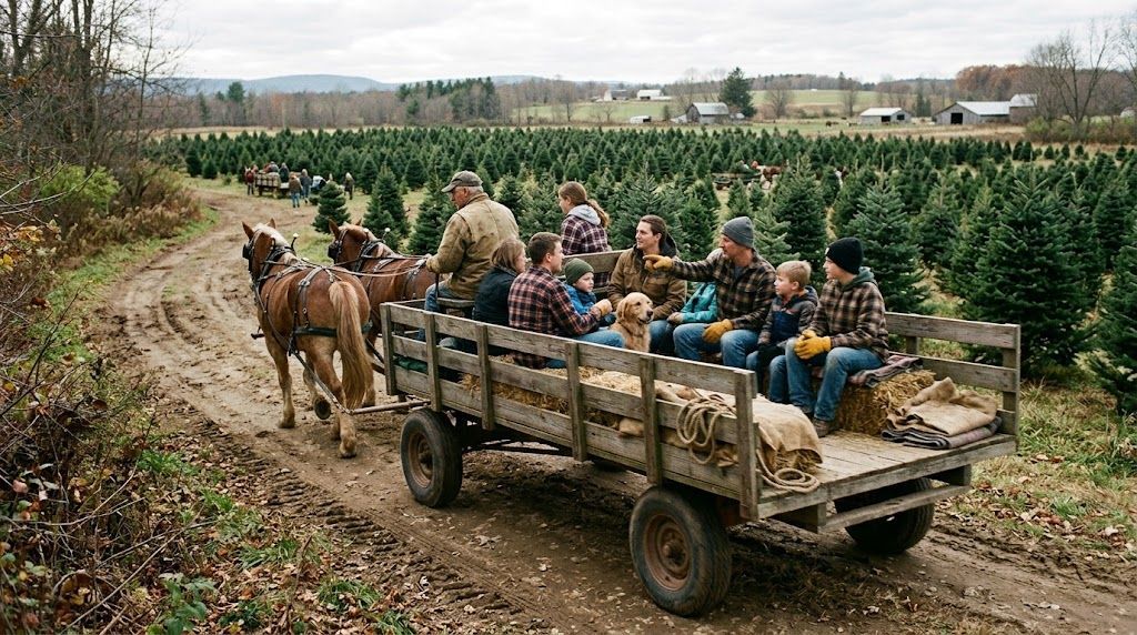 Wagon ride to cut a Christmas tree in Hookstown, PA