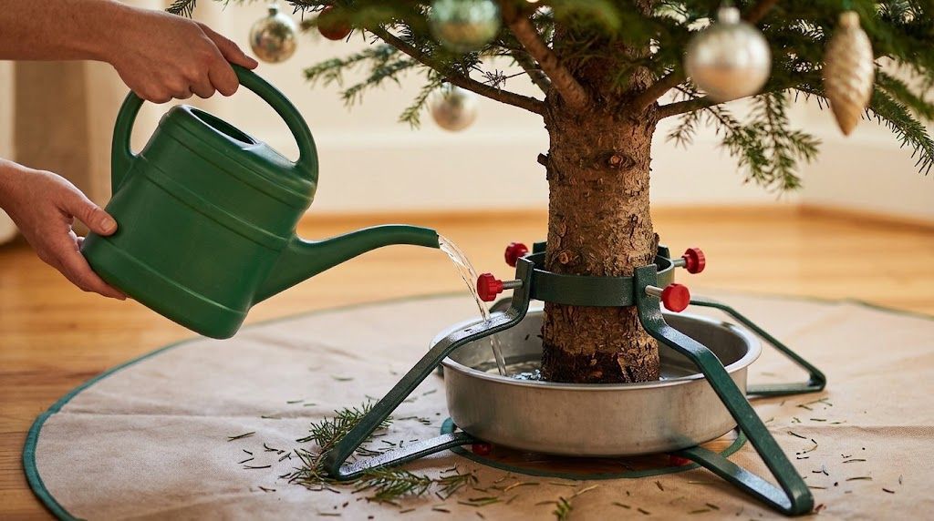 Watering a fresh Christmas tree stand