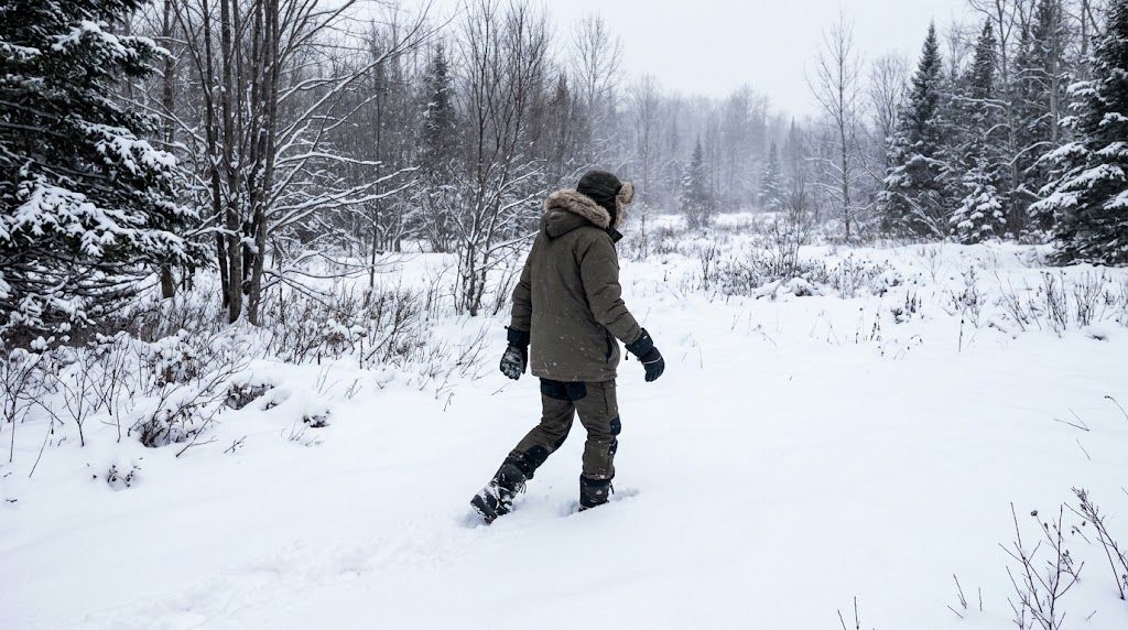 Waterproof boots and gloves for cutting a Christmas tree