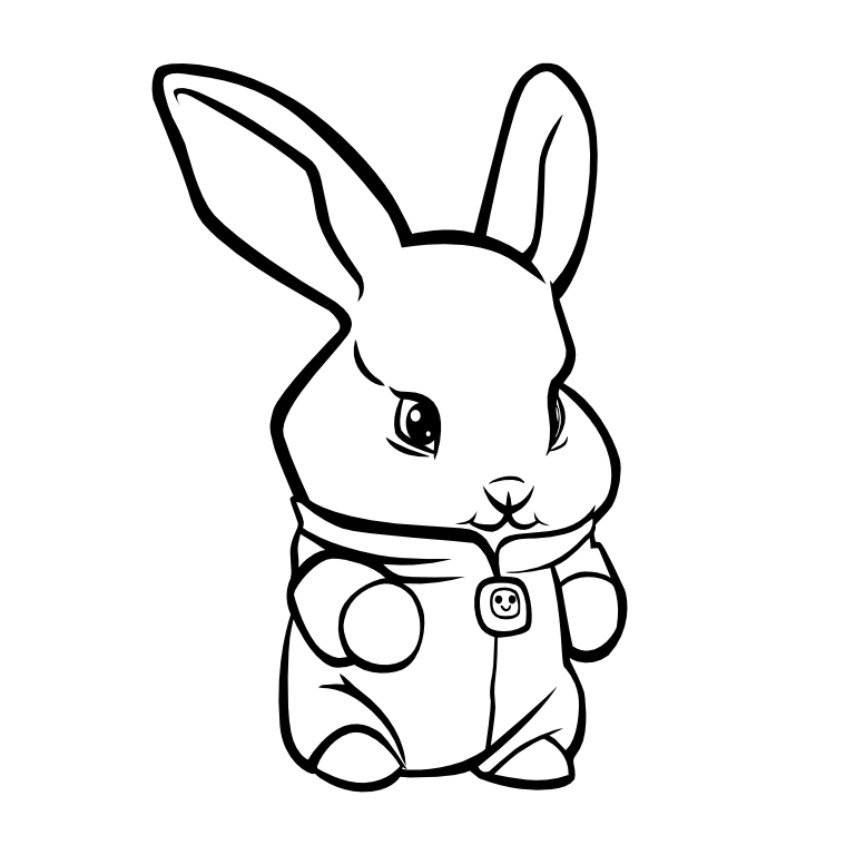 A black and white drawing of a rabbit wearing a coat.