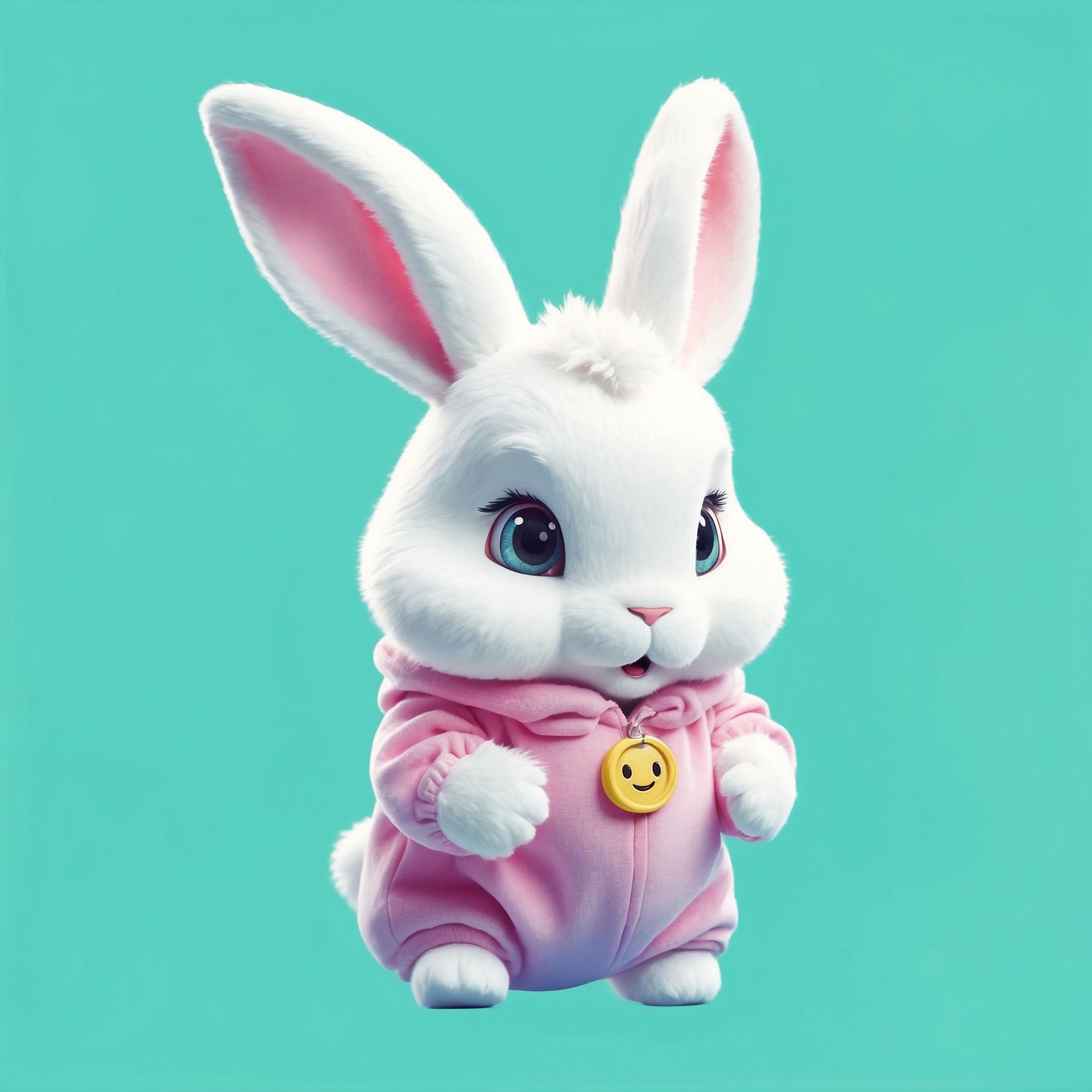 A white rabbit wearing a pink pajama with a yellow smiley face on it.