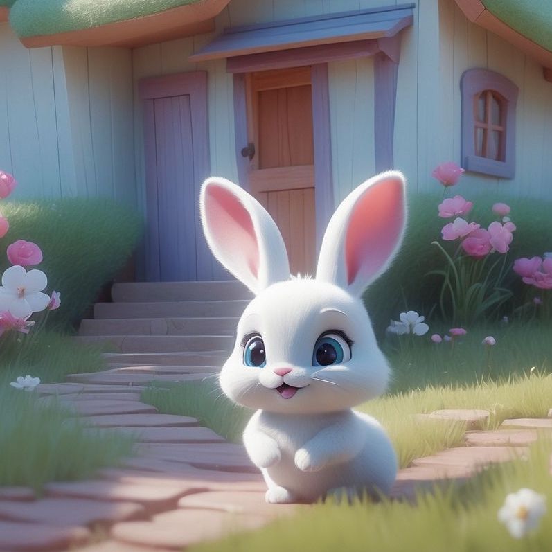 A white bunny rabbit is sitting in front of a house.