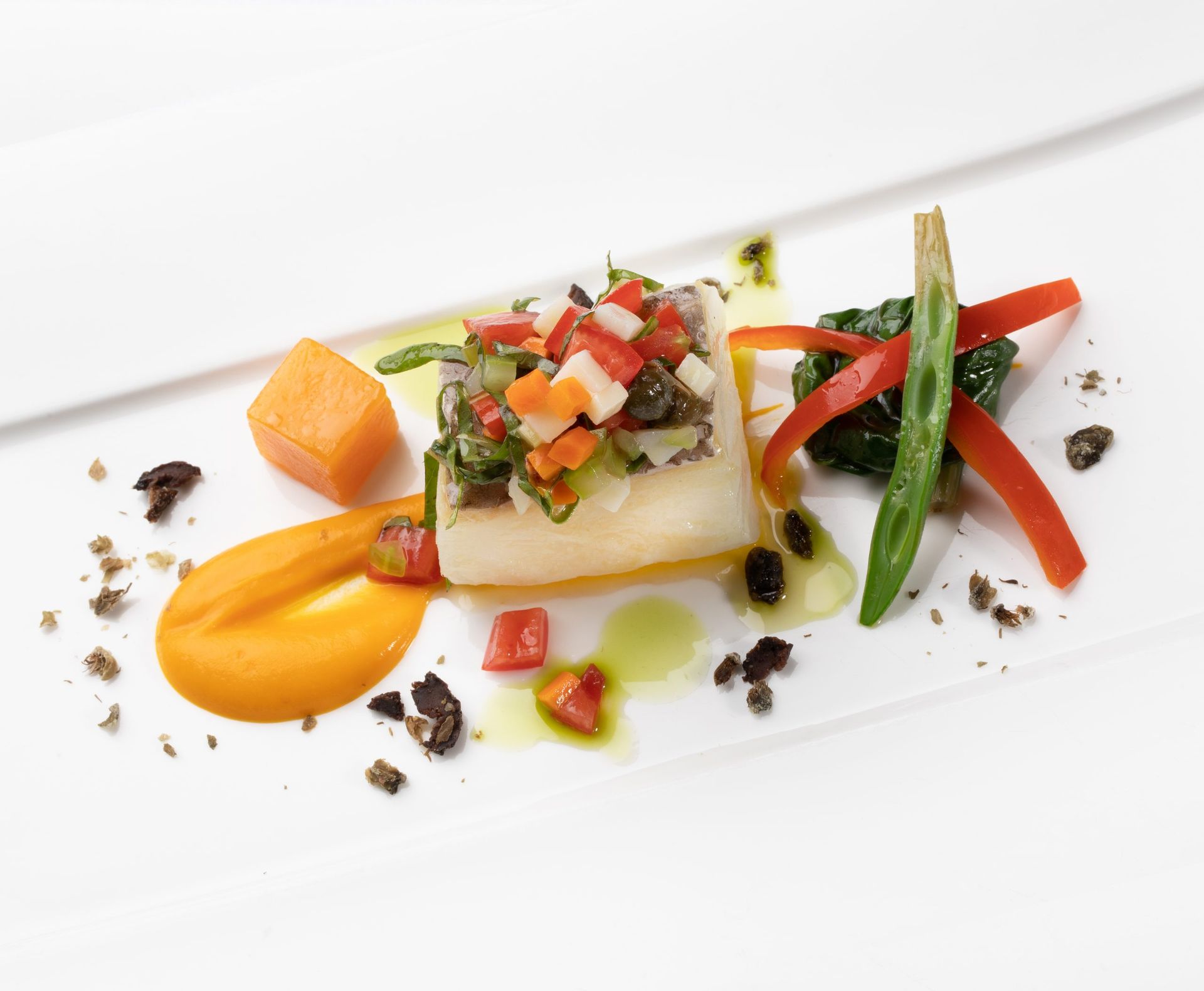 Gourmet plated dish with fish, vegetables, sauce, and garnish on a white plate