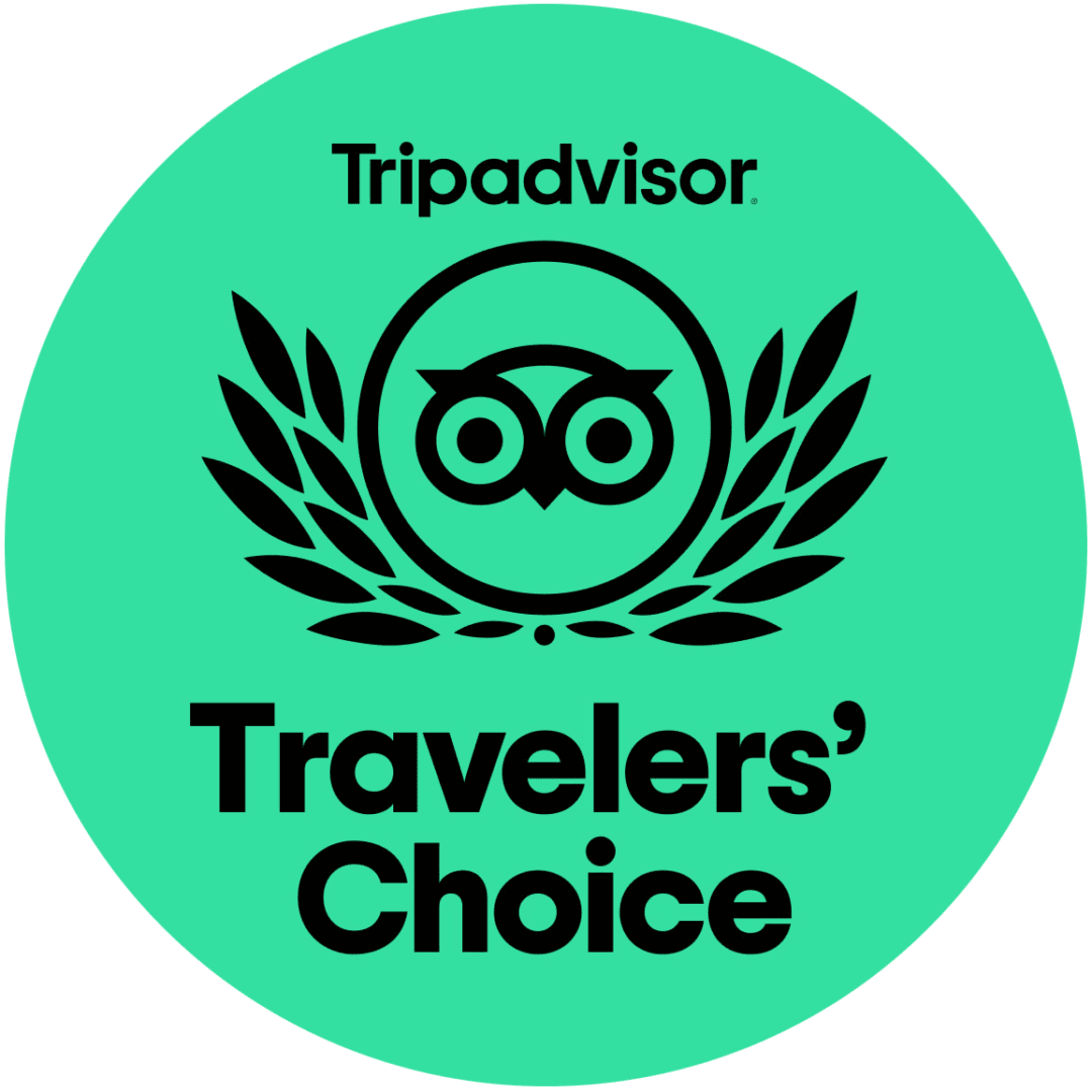 Tripadvisor Travelers’ Choice badge on green circle with black laurel wreath and owl logo