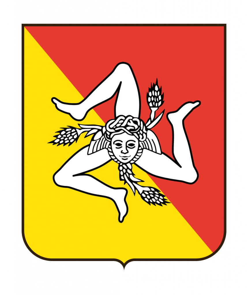 Red and yellow shield with a white, four-armed winged figure holding wheat