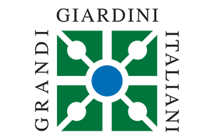 Logo for Giardini Italiani: green square with white design and blue center, with black text around it