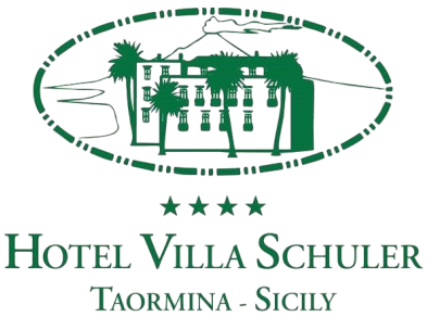 Hotel Villa Schuler logo in green with stylized building and palm tree, Taormina, Sicily