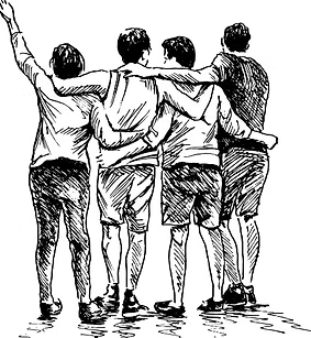 Four people with arms around each other, facing away. One arm raised.