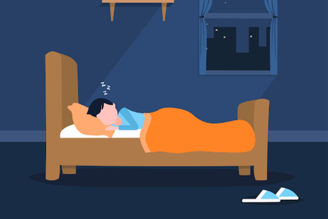 Person asleep in bed, orange blanket, dark blue room, window with city skyline, light beam, night.