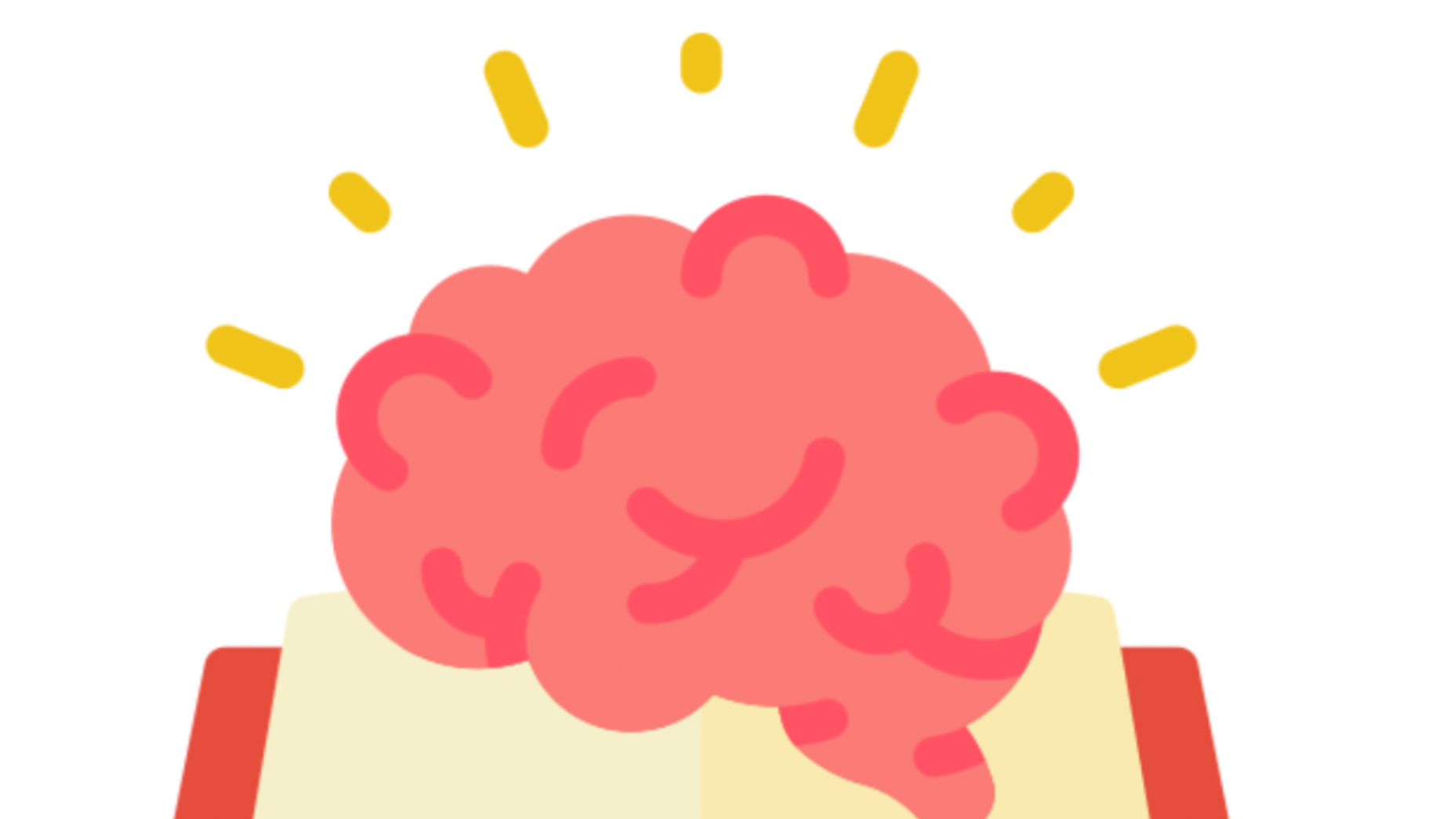 Pink brain with yellow light above an open book.