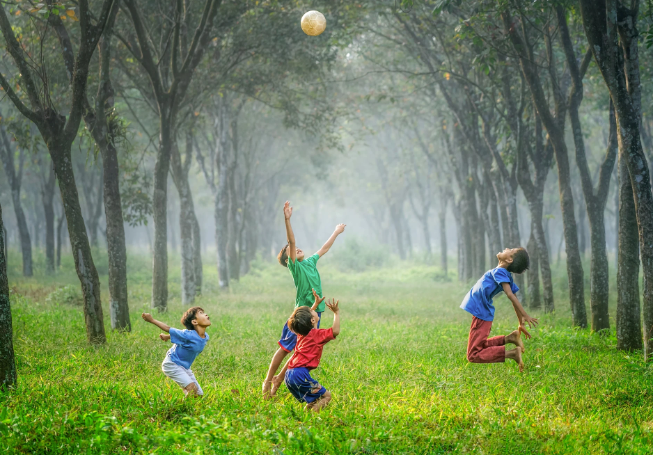 Children playing volleyball in a lush green forest clearing, reaching for the ball under a canopy of trees.