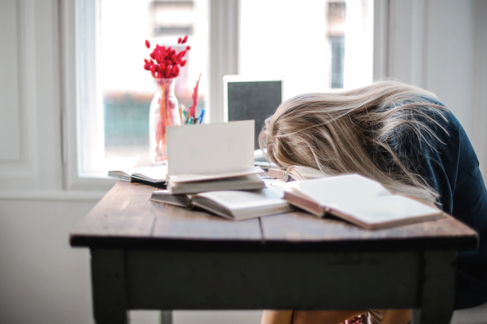 Person slumped over desk with books, a window, and flowers in the background.