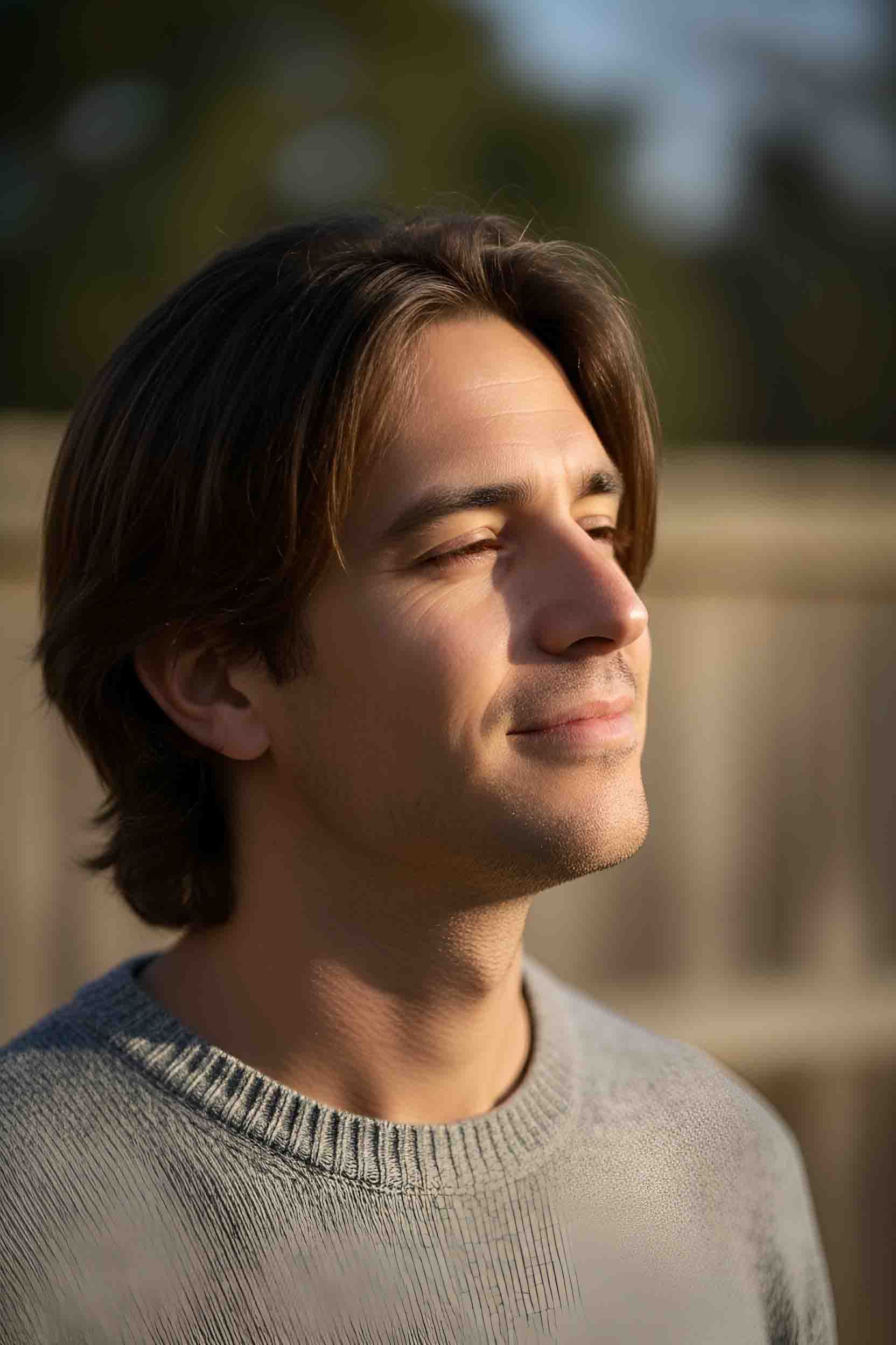 Man with brown hair looking upward, sunlit face, wearing gray sweater.