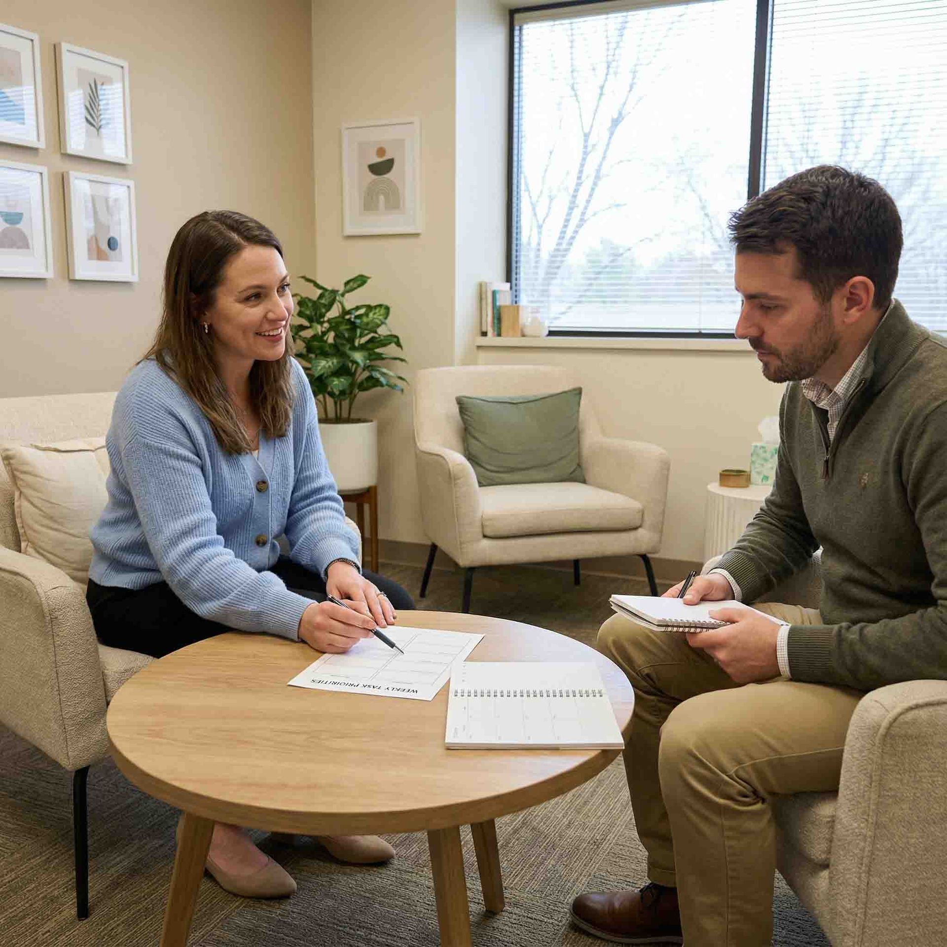 Woman and man in a counseling session. They sit across from each other at a round table, looking at papers and smiling.