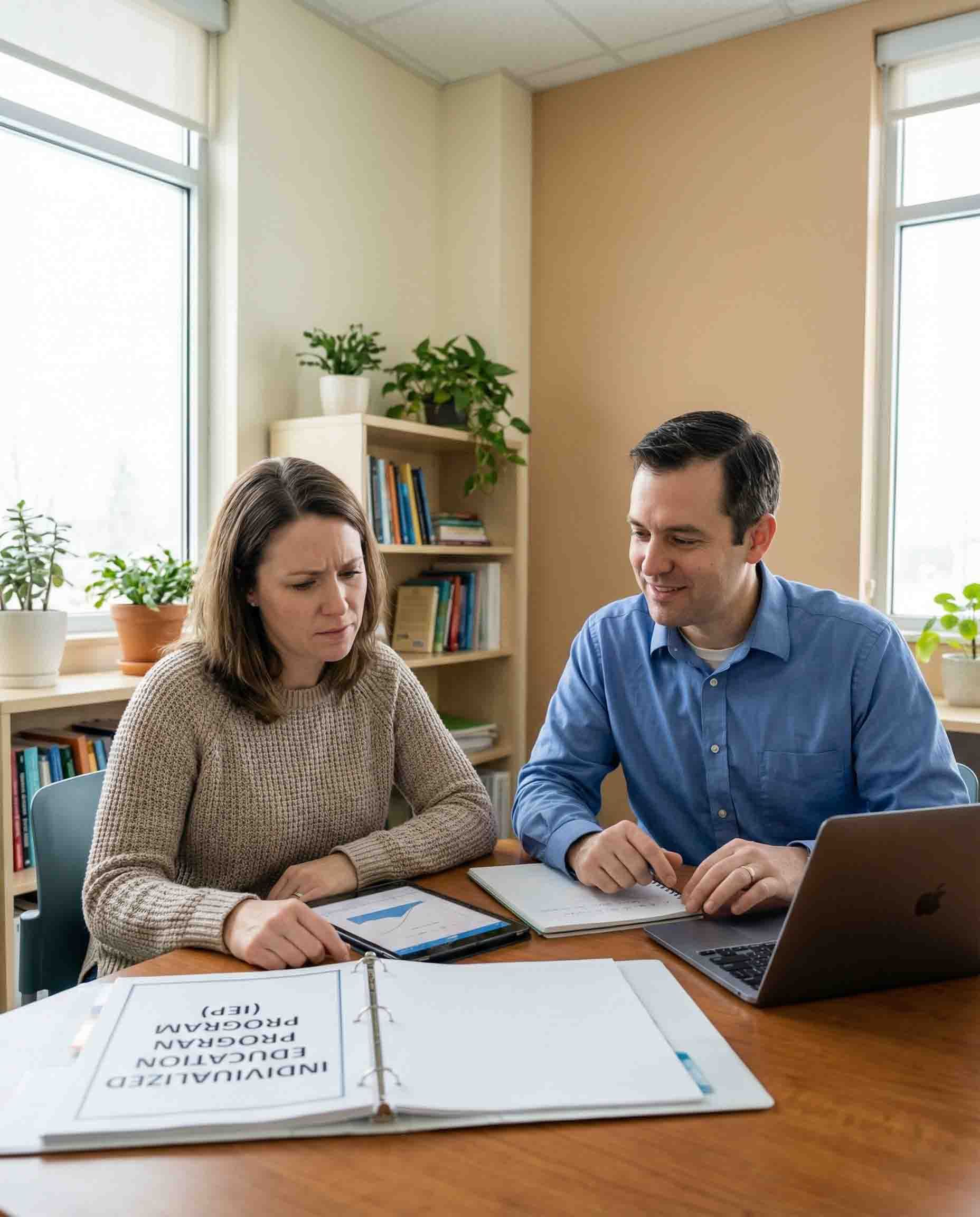 Woman and man looking at papers and laptop at a desk in a well-lit office. Woman frowns, man smiles.