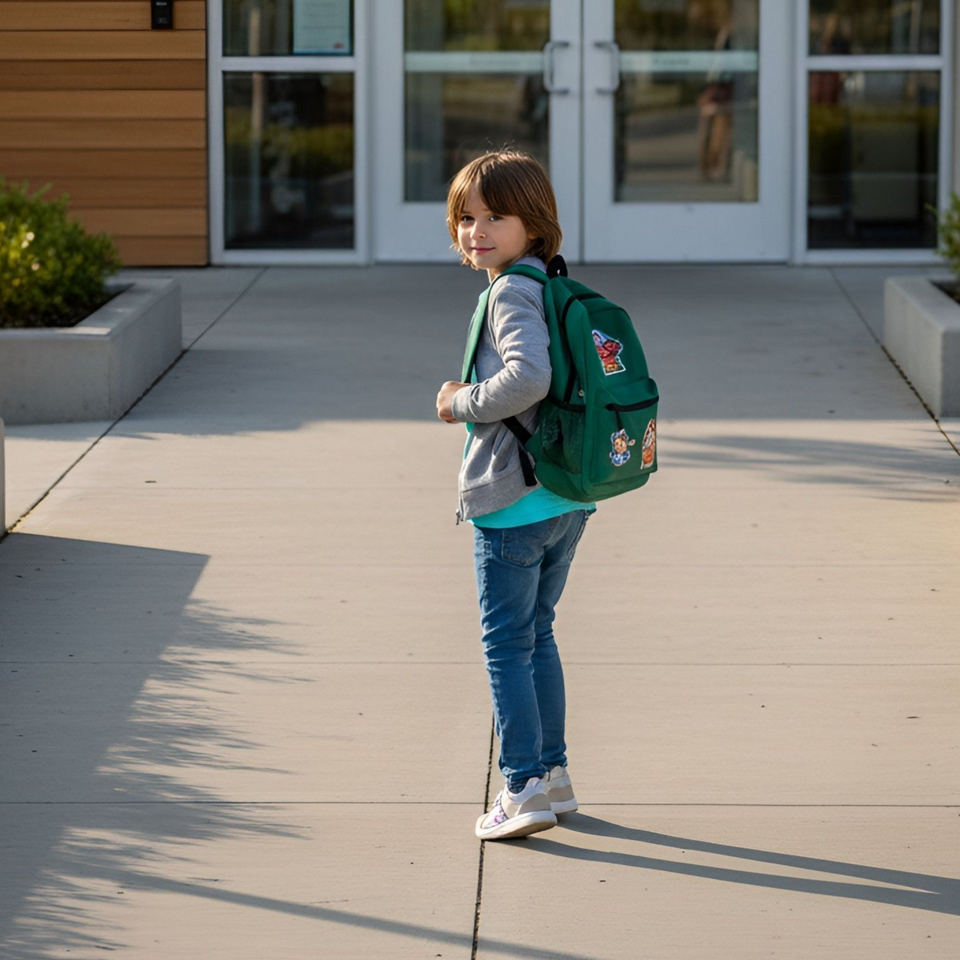 Boy with backpack, looking back over shoulder, standing in front of building with glass doors.