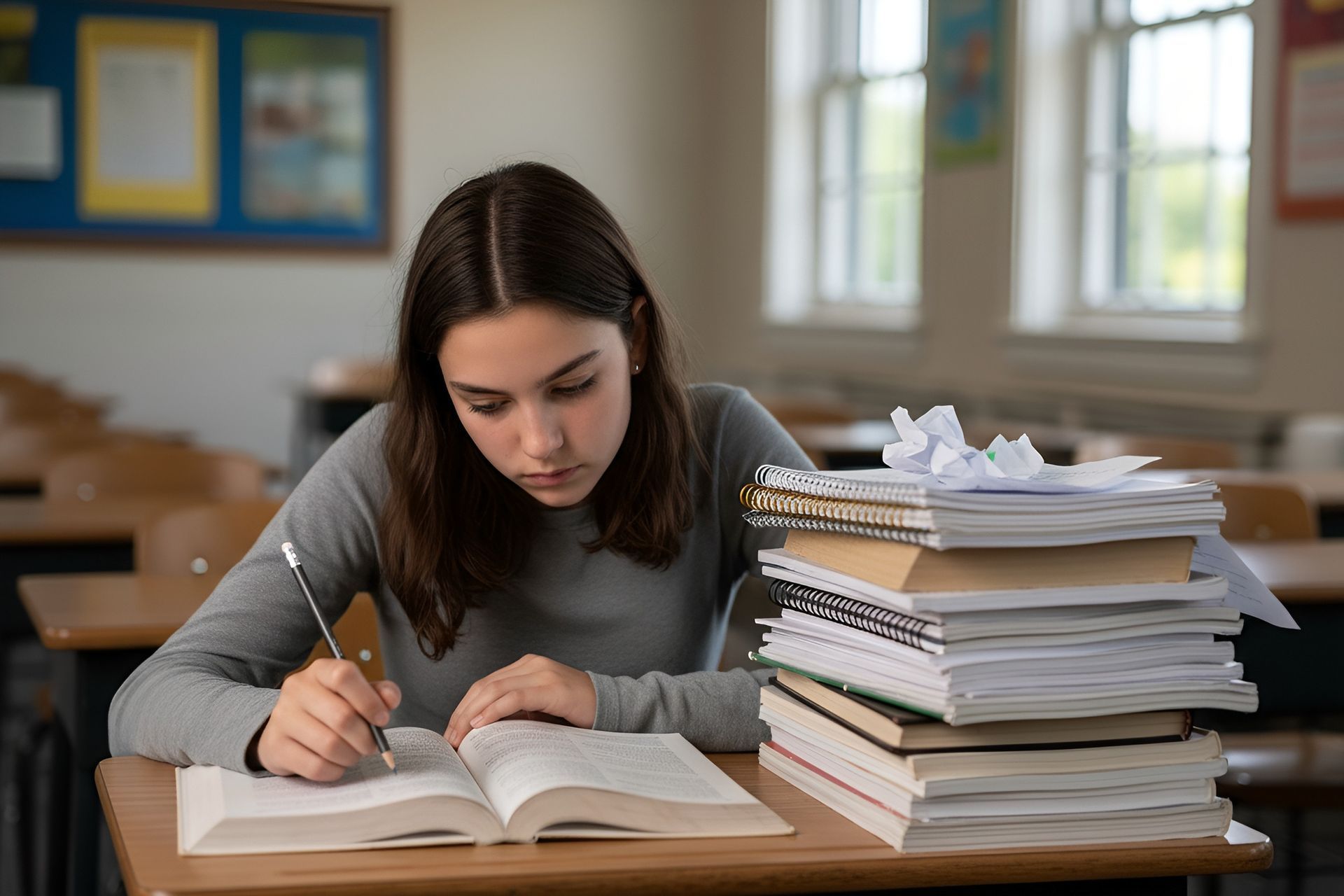Young person writing in a book at a desk in a classroom, with a tall stack of books and crumpled paper nearby.