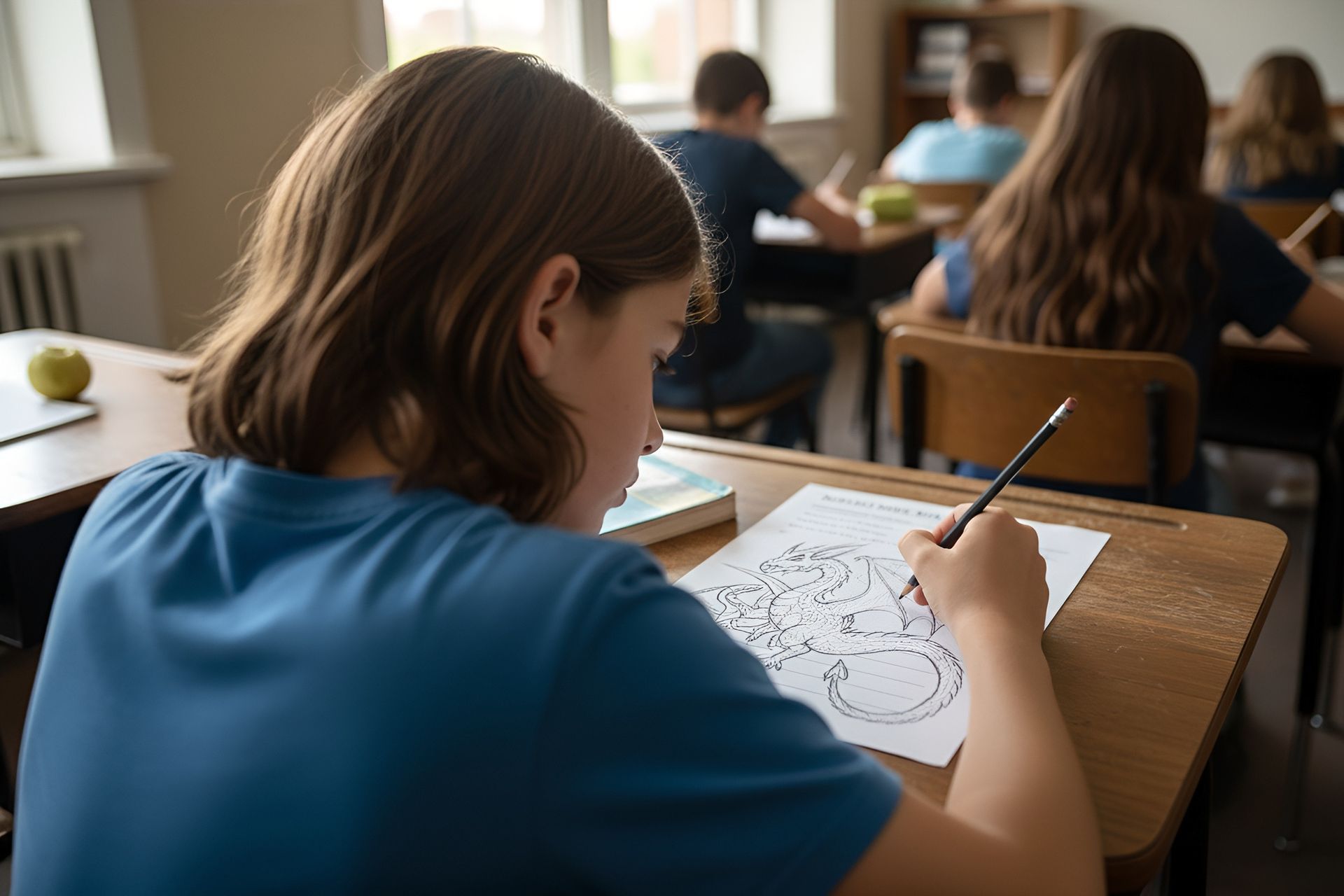A student in a blue shirt works on an assignment at a wooden desk in a classroom.
