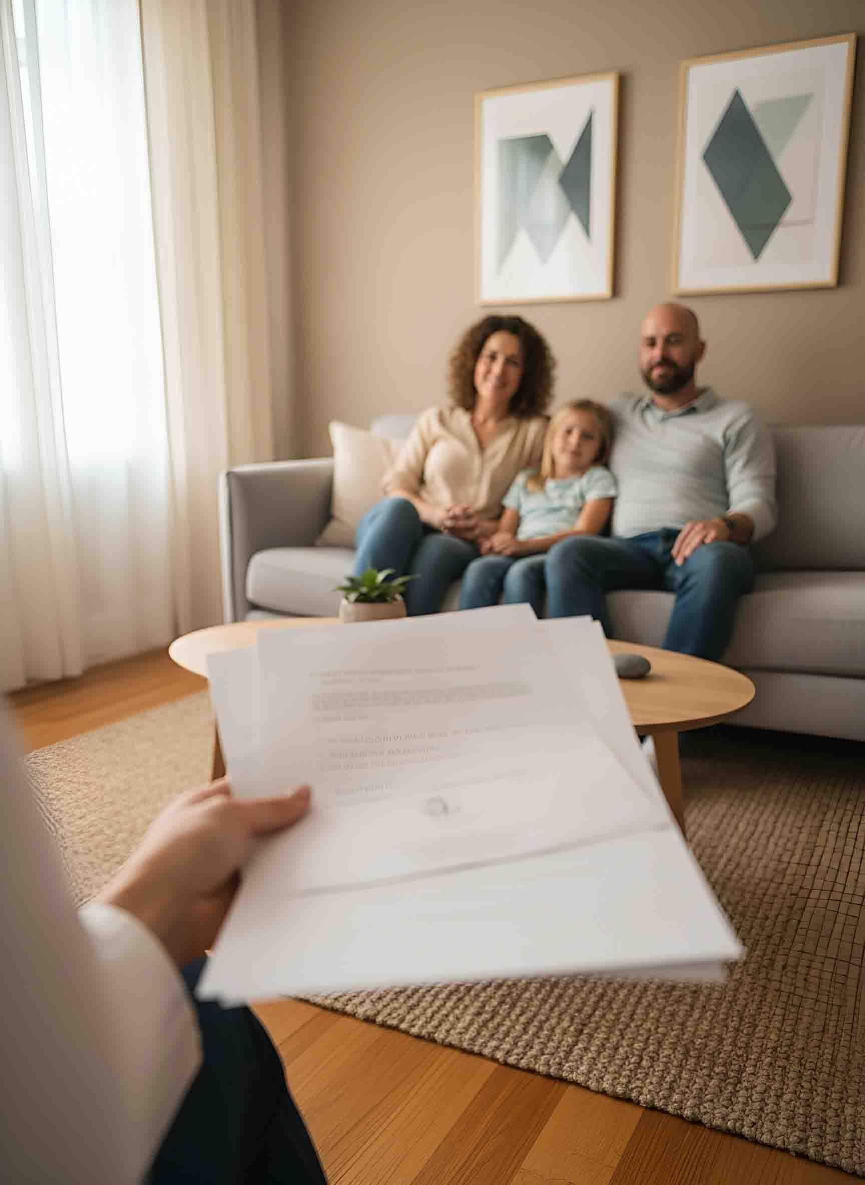 Person hands paperwork to a family sitting on a couch in a living room.