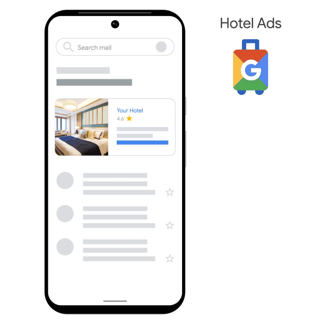 Smartphone che mostra la pubblicità di un hotel con il logo di Google.