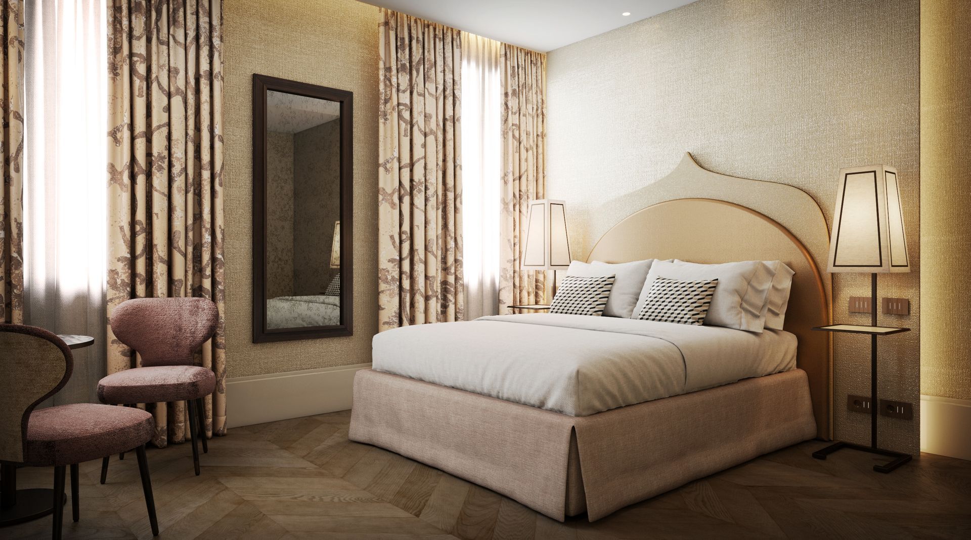 Elegante camera da letto con decorazioni rosa e oro, letto grande, testiera decorata, tende a fantasia e due sedie.