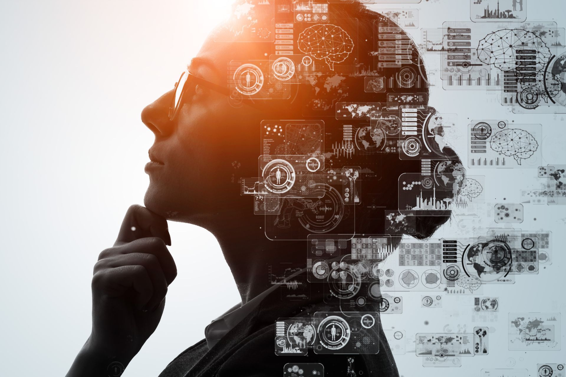 Woman with glasses, profile view. Overlaid with digital data displays and diagrams linked to AI, lit by a bright light.