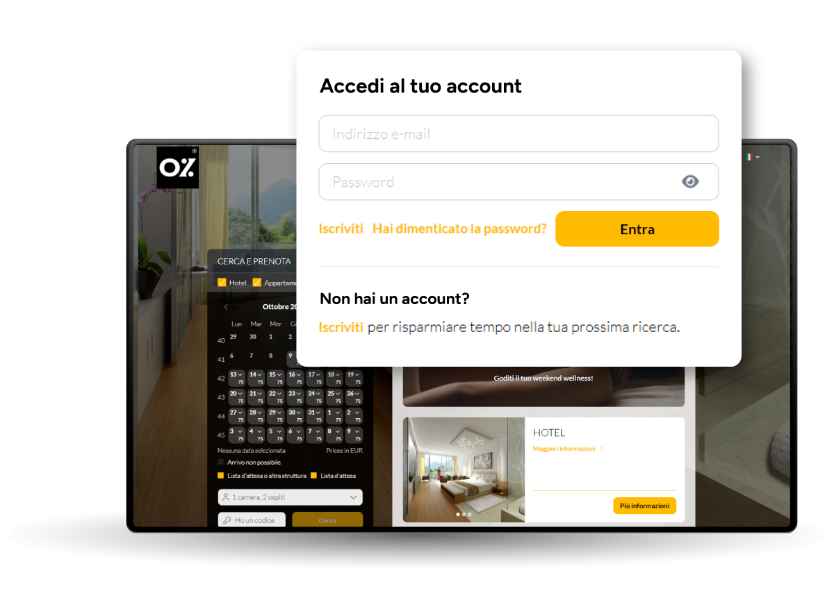 Schermata di accesso sovrapposta a un sito web che mostra gli interni degli appartamenti