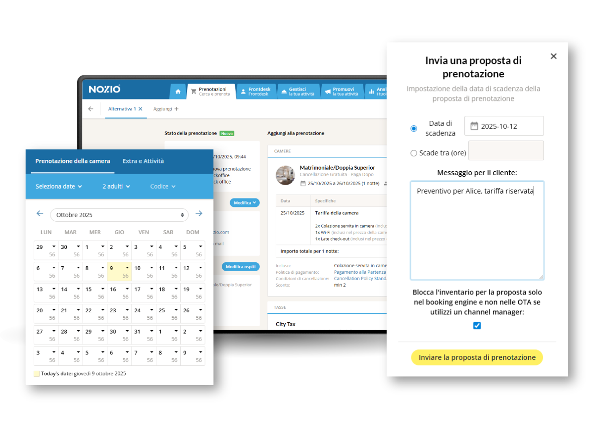 Tre schermate mostrano un'interfaccia software, una con un calendario, una con la messaggistica e un modulo