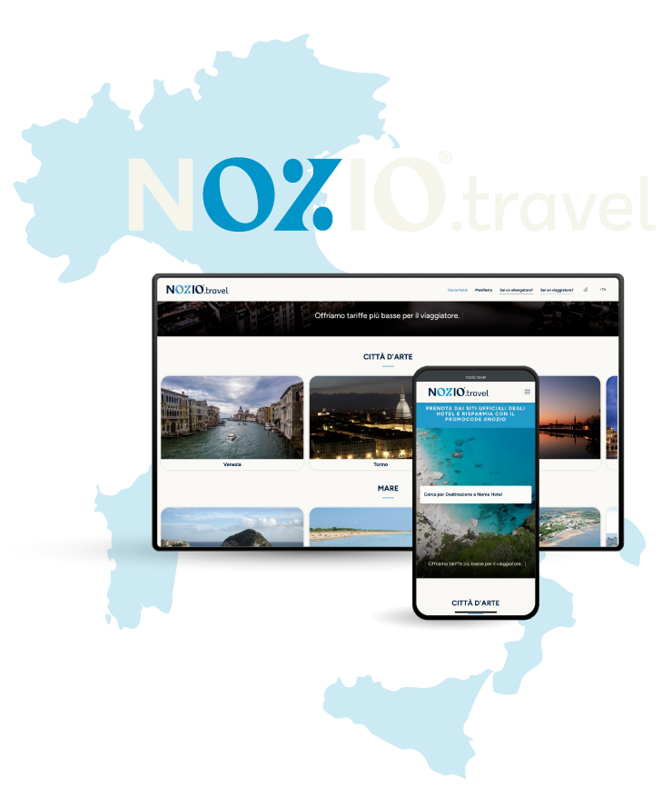 Sito web NOZIO.travel visualizzato su tablet e telefono con immagini dell'Italia, con il profilo dell'Italia sullo sfondo.