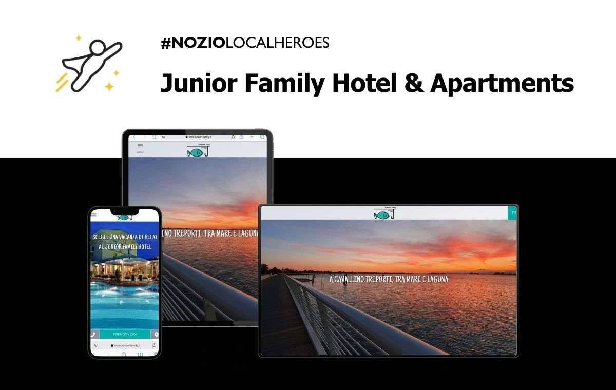 Sito web di Junior Family Hotel & Apartments visualizzato su smartphone, tablet e desktop.
