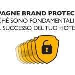 Scudi gialli con l'icona di un lucchetto, testo in italiano sulla protezione del marchio per il successo dell'hotel.