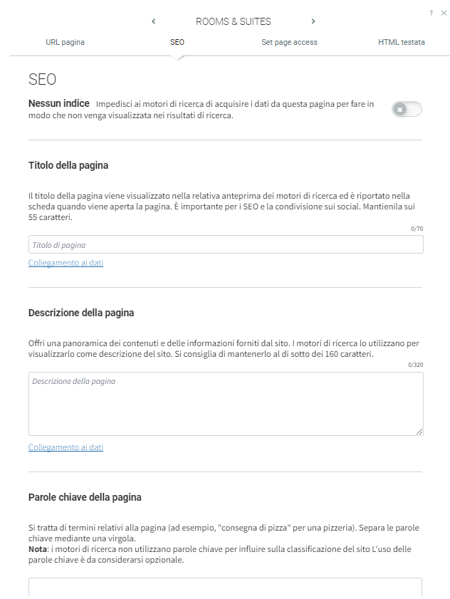Screenshot delle impostazioni SEO di un sito web con campi per il titolo della pagina, la descrizione e le parole chiave.