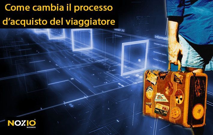 Persona con in mano una valigia vintage, sfondo digitale, testo: