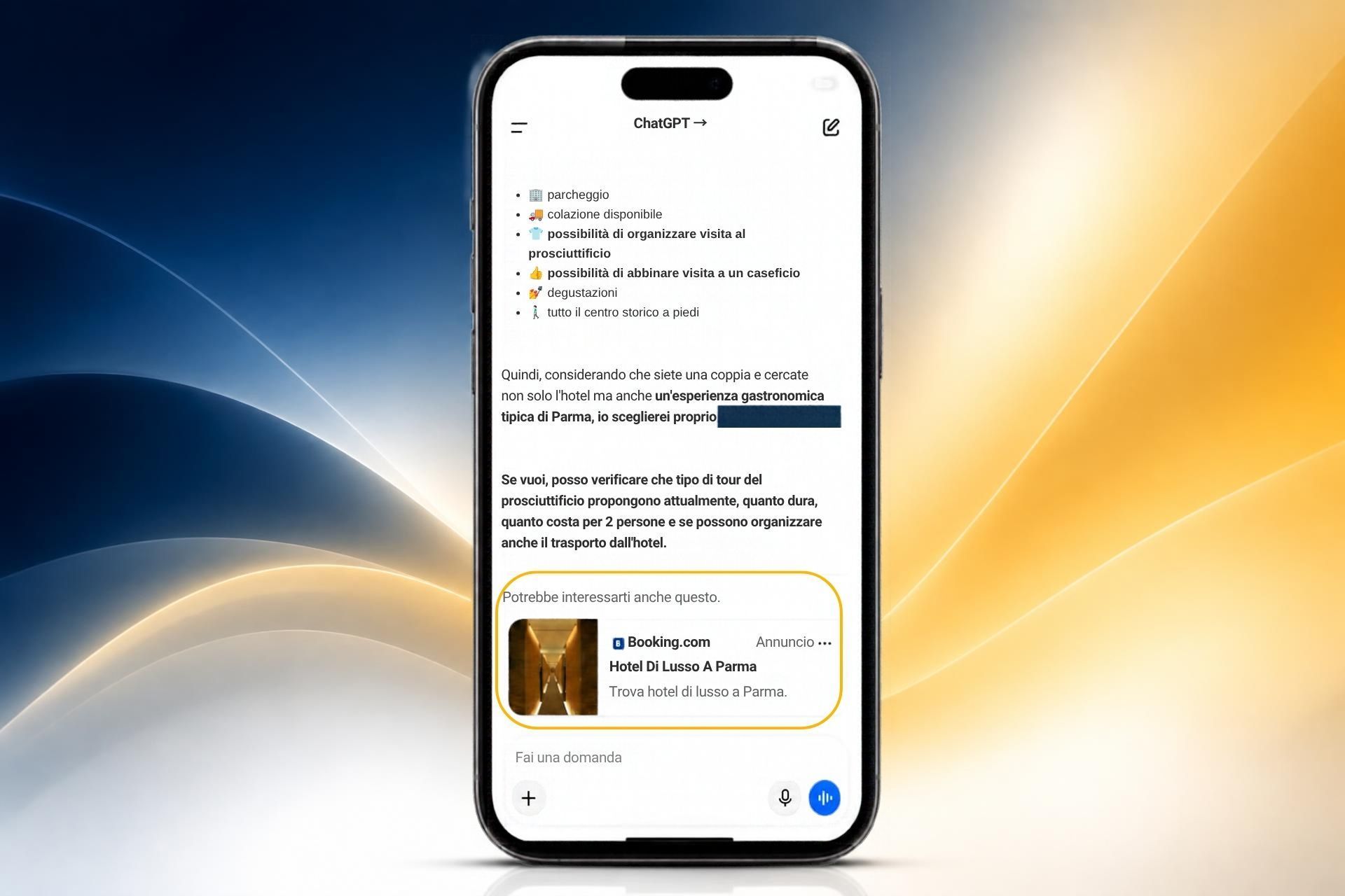 Esempio di na ricerca di hotel a Parma su ChatGPT: dopo la risposta compare l'annuncio di un'OTA.