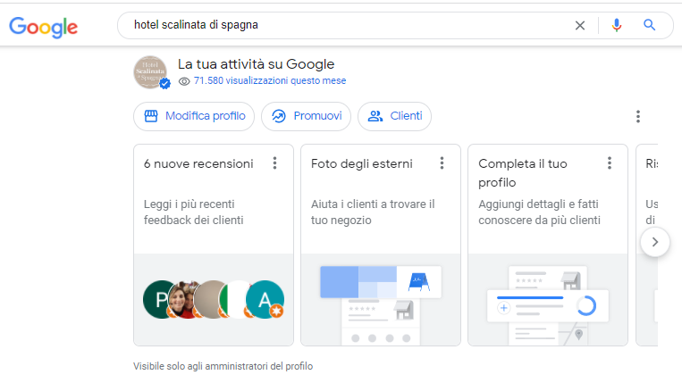 google business profile esempio Pagina Google My Business di un hotel, che mostra le opzioni di gestione delle recensioni e del profilo.