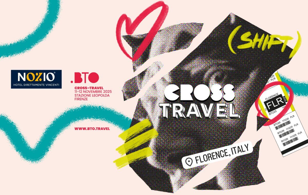 Grafica ufficiale della partecipazione di Nozio a BTO 2025. Titolo fiera: Cross-Travel nel segno del