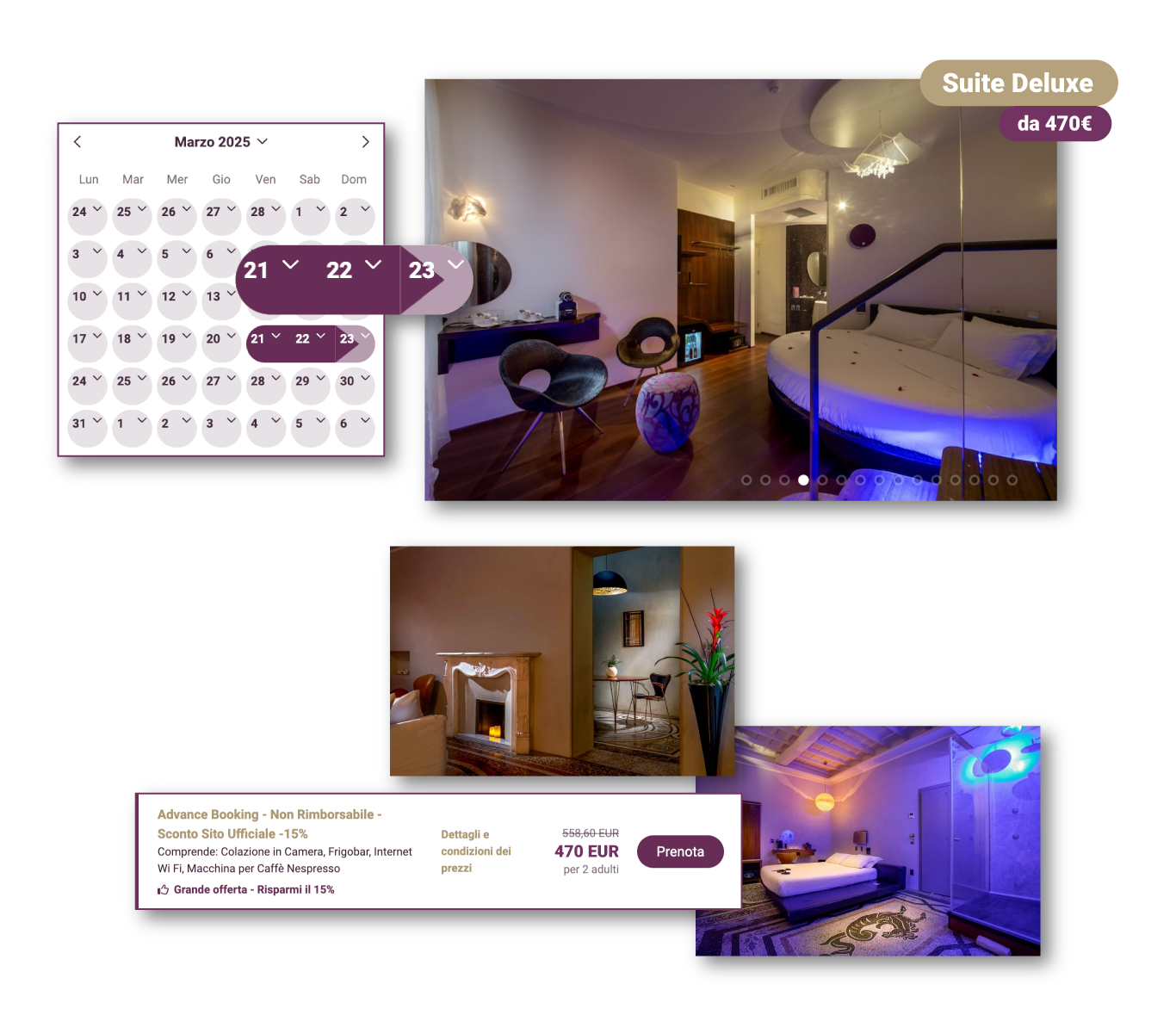 Pubblicità di suite d'albergo, con calendario, foto delle camere e informazioni sui prezzi.