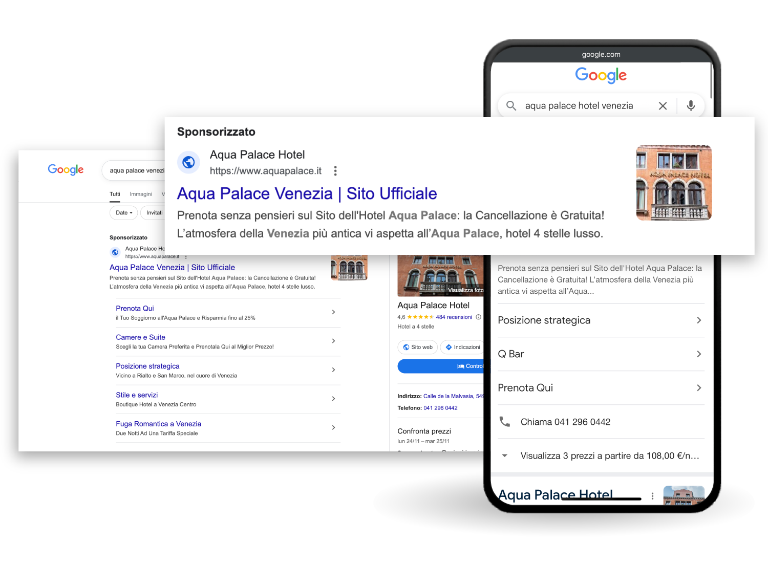 Risultati della ricerca Google per Aqua Palace Hotel su desktop e dispositivi mobili.