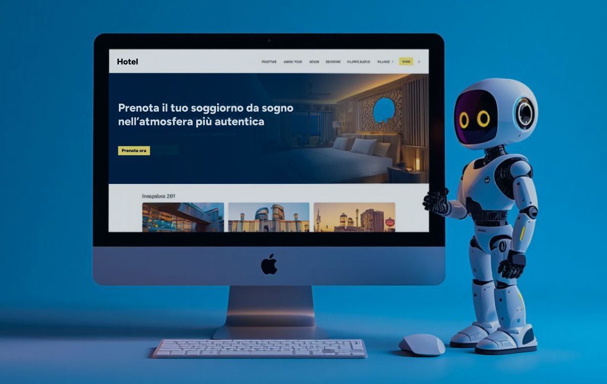 Robot che simboleggia intelligenza artificiale mostra sito hotel pronto per visibilità su AI