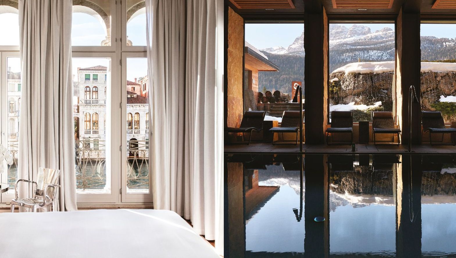 A sinistra: camera da letto con vista sulla città. A destra: piscina coperta con sfondo montano.