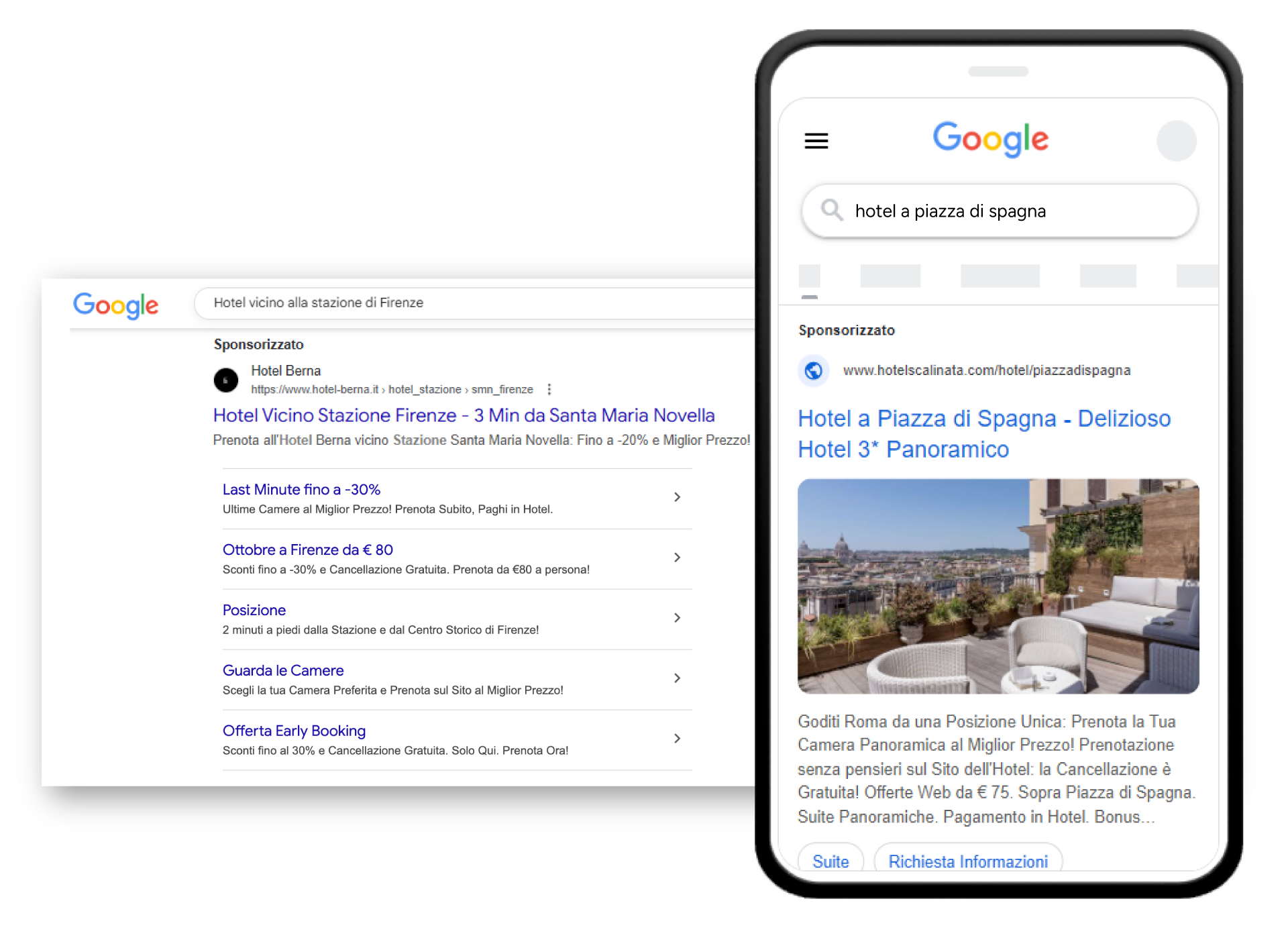 Esempio di annuncio Google Ads per hotel in campagna per acquisizione nuovi clienti tramite uso di parole chiave specifiche